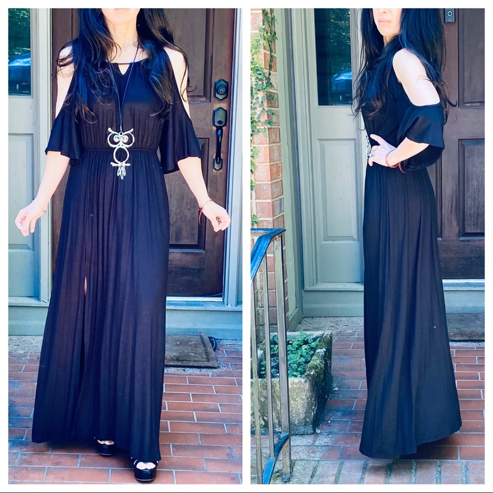BLACK OFF THE SHOULDER GRECIAN MAXI DRESS - Picture 6 of 8